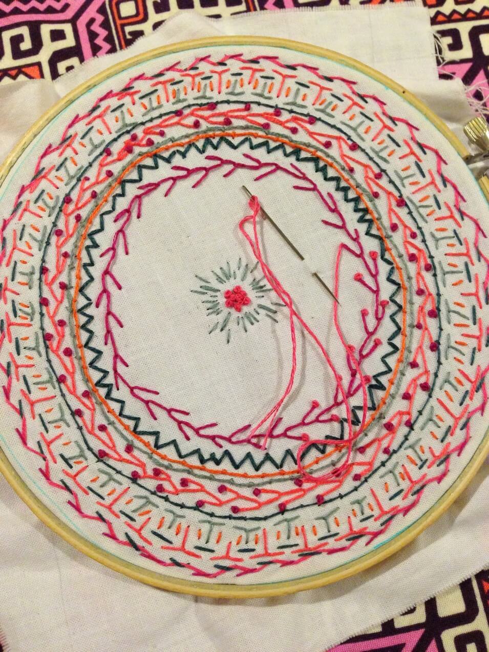 Laurel and Pine Embroidery Progress